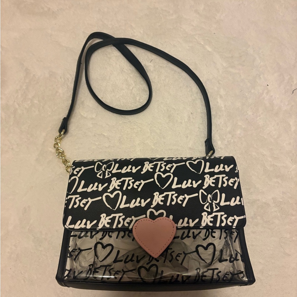 Betsey Johnson Black and White Crossbody with Pink Heart